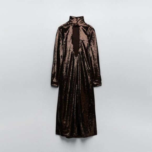 NWT Zara brown sequin long sleeve knit midi holiday dress, S - Picture 9 of 16